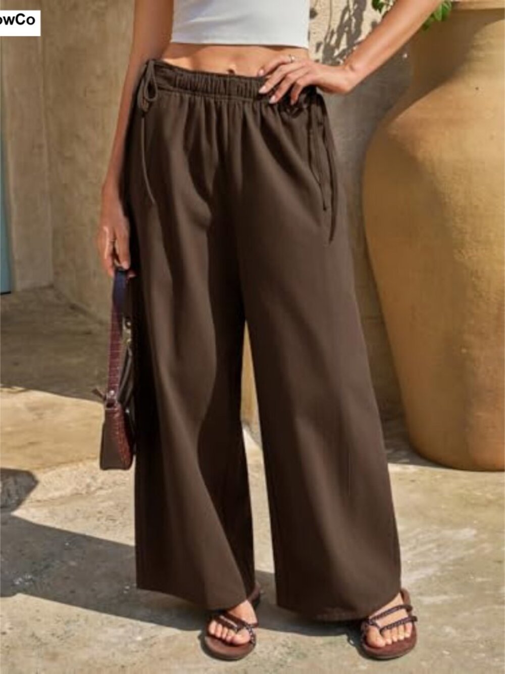 Cotton Wide Leg Pants Low Rise Baggy Drawstring Casual - Picture 4 of 6